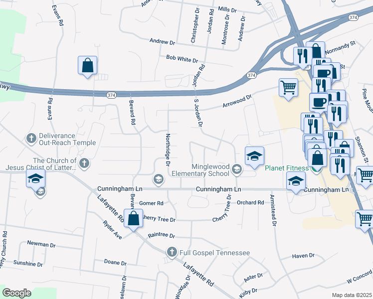 map of restaurants, bars, coffee shops, grocery stores, and more near 369 Peabody Drive in Clarksville