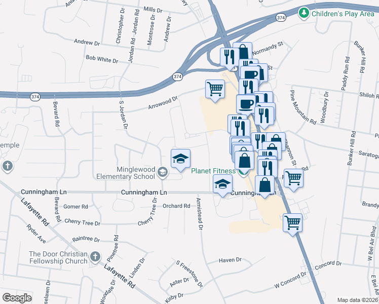 map of restaurants, bars, coffee shops, grocery stores, and more near 356 Panorama Drive in Clarksville