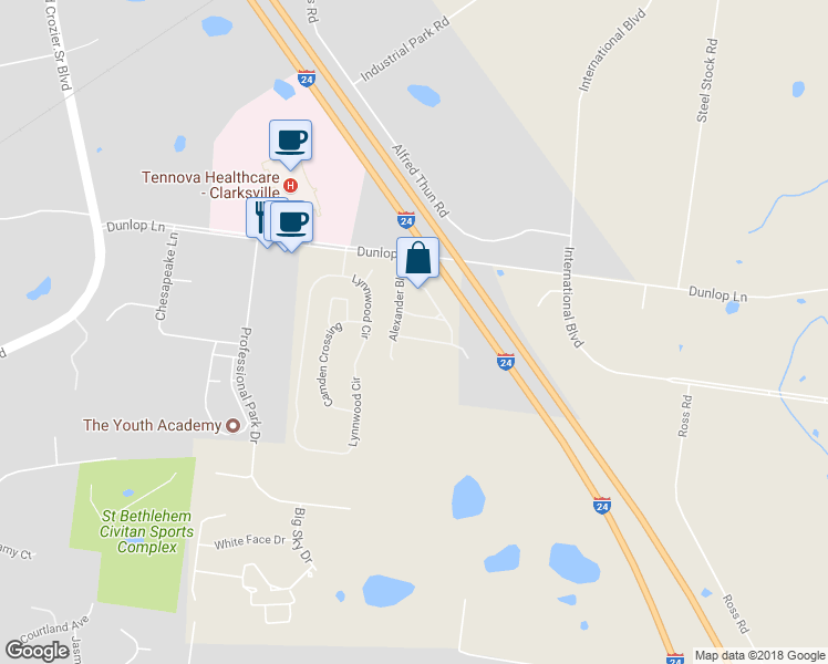 map of restaurants, bars, coffee shops, grocery stores, and more near 309 Sam Houston Circle in Clarksville