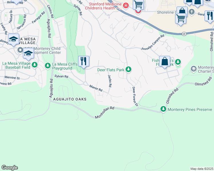 map of restaurants, bars, coffee shops, grocery stores, and more near 1443 Manor Road in Monterey