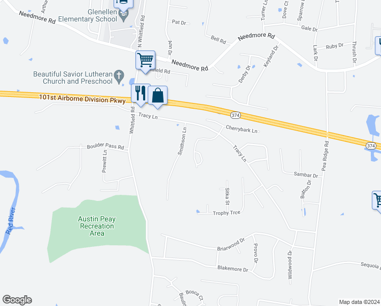 map of restaurants, bars, coffee shops, grocery stores, and more near 2272 McCormick Lane in Clarksville
