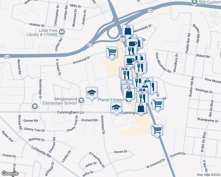 map of restaurants, bars, coffee shops, grocery stores, and more near Quin Ln in Clarksville