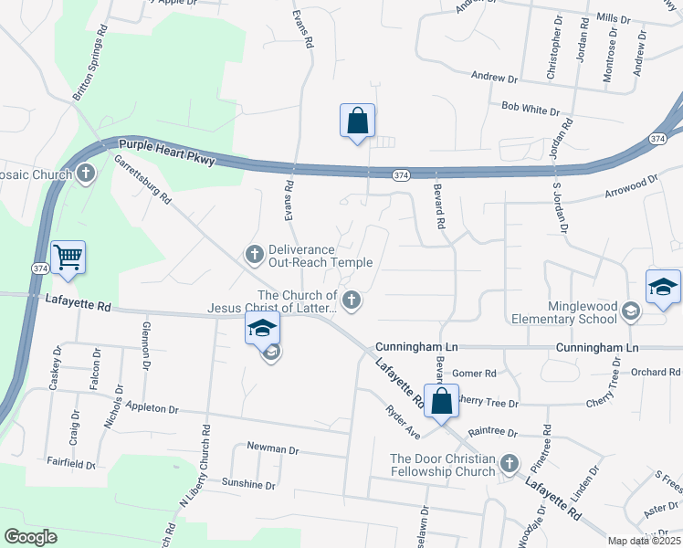 map of restaurants, bars, coffee shops, grocery stores, and more near 29 South Lancaster Road in Clarksville