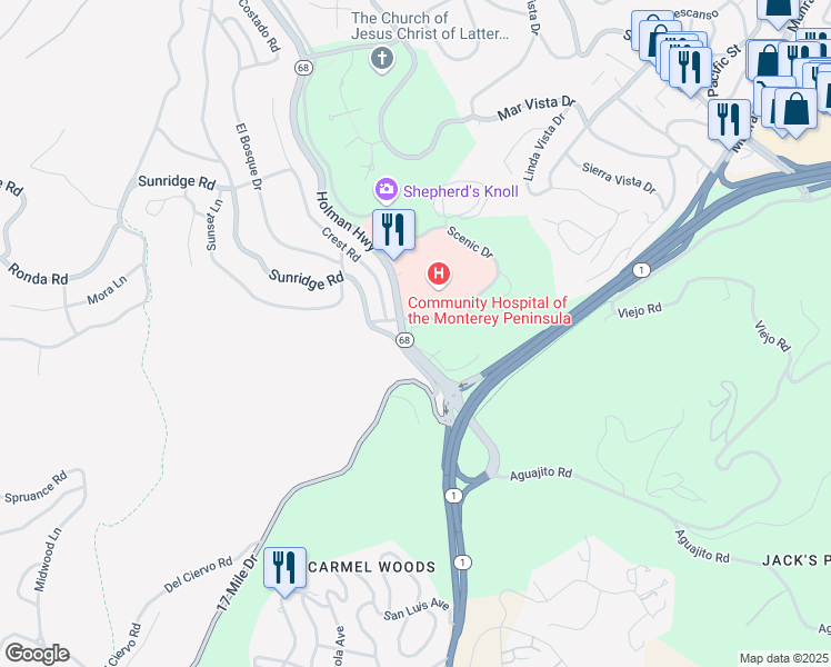 map of restaurants, bars, coffee shops, grocery stores, and more near 23795 Holman Highway in Monterey