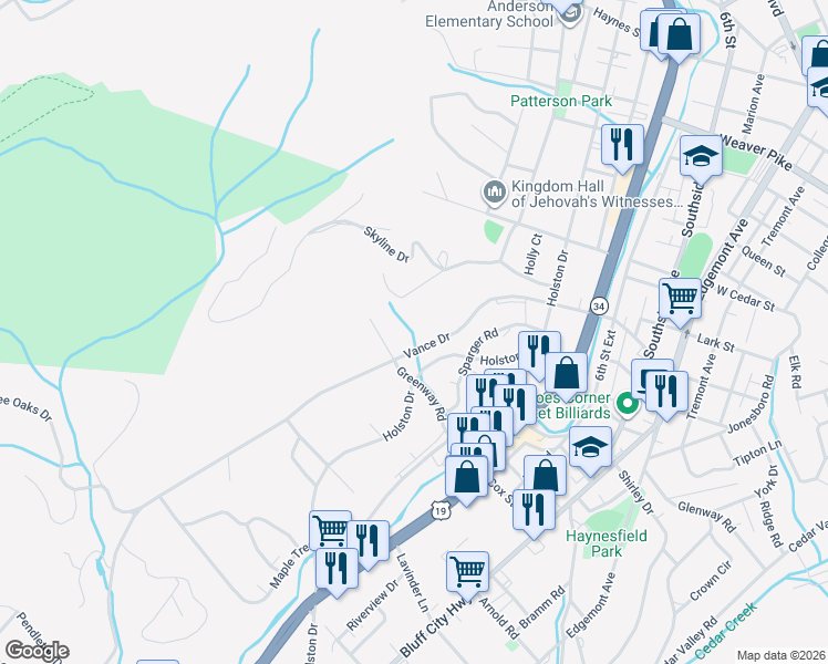 map of restaurants, bars, coffee shops, grocery stores, and more near 361 Vance Drive in Bristol