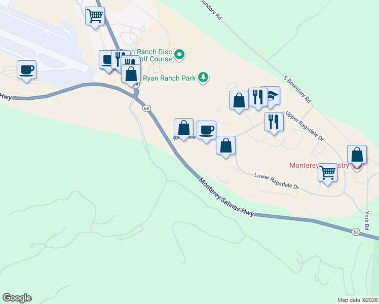 map of restaurants, bars, coffee shops, grocery stores, and more near 40 Ragsdale Drive in Monterey