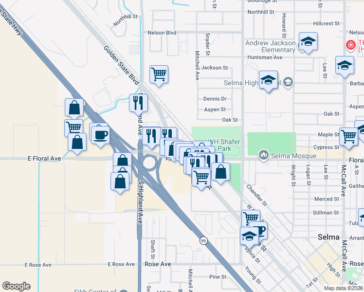 map of restaurants, bars, coffee shops, grocery stores, and more near 2936 Whitson Street in Selma