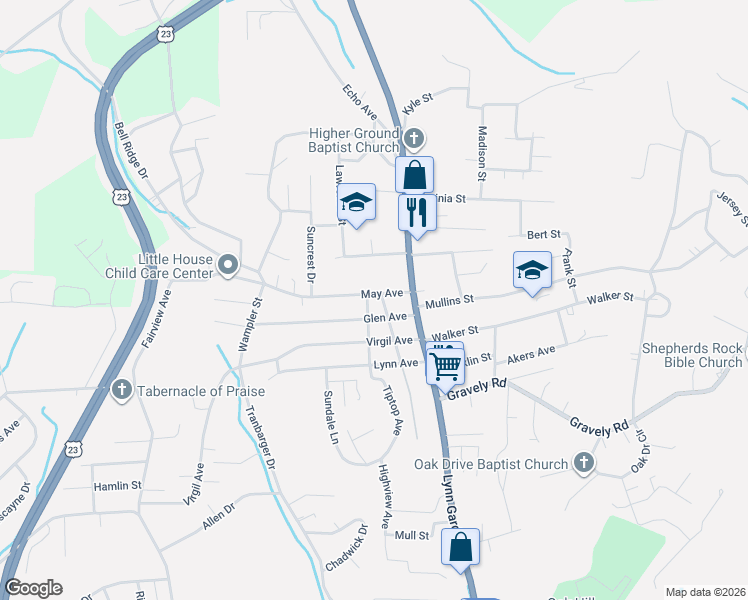 map of restaurants, bars, coffee shops, grocery stores, and more near 212 May Avenue in Kingsport