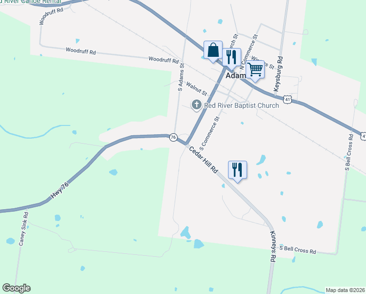 map of restaurants, bars, coffee shops, grocery stores, and more near 2511 Tennessee 76 in Adams