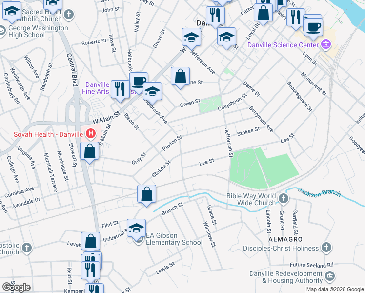 map of restaurants, bars, coffee shops, grocery stores, and more near 710 Holbrook Avenue in Danville