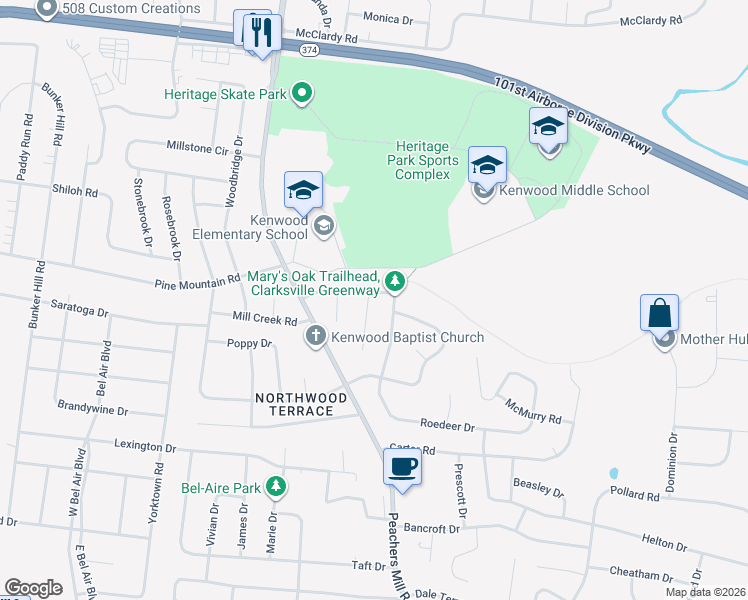 map of restaurants, bars, coffee shops, grocery stores, and more near 1051 Angela Drive in Clarksville