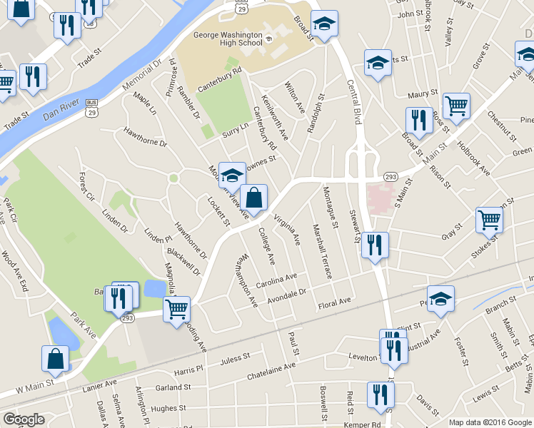 map of restaurants, bars, coffee shops, grocery stores, and more near 401 West Main Street in Danville