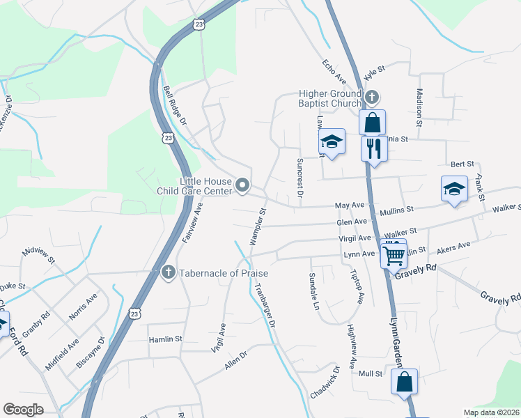 map of restaurants, bars, coffee shops, grocery stores, and more near 409 Wilma Street in Kingsport