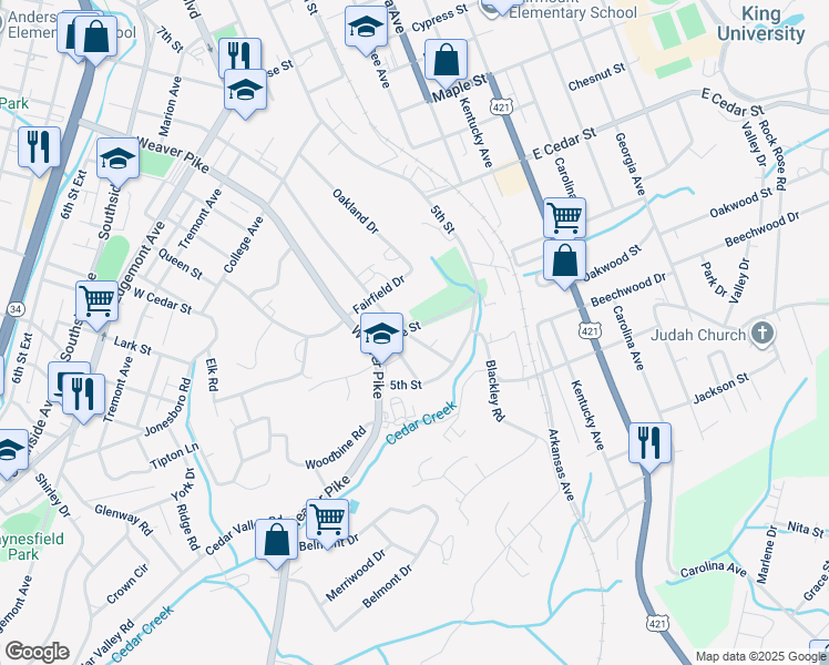map of restaurants, bars, coffee shops, grocery stores, and more near 1301 Columbia Road in Bristol