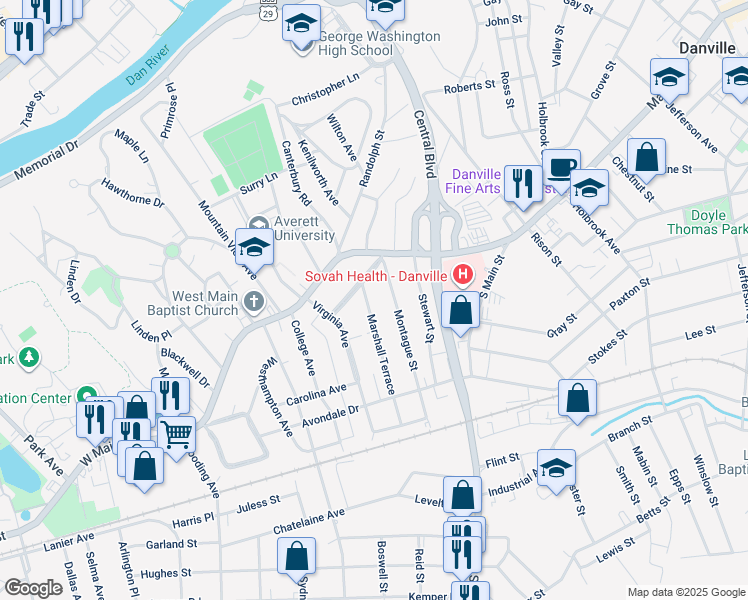 map of restaurants, bars, coffee shops, grocery stores, and more near 207 Mount Vernon Avenue in Danville