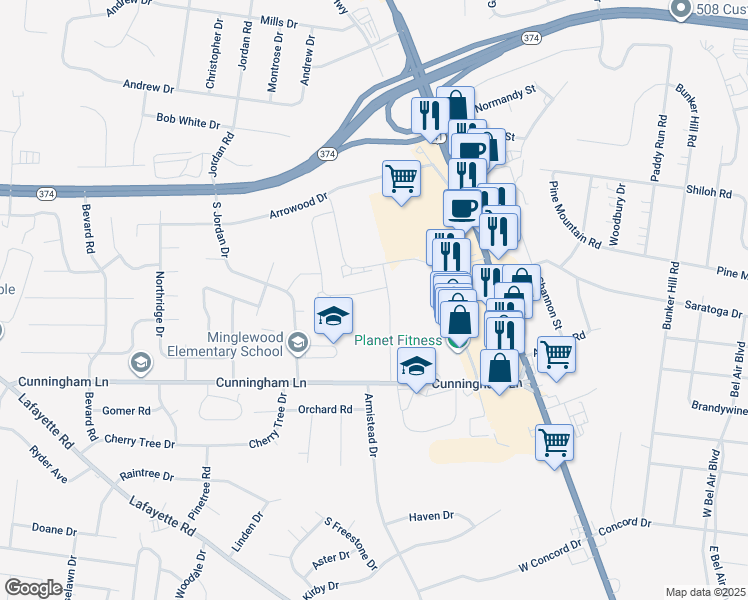 map of restaurants, bars, coffee shops, grocery stores, and more near 1650 Cunningham Lane in Clarksville