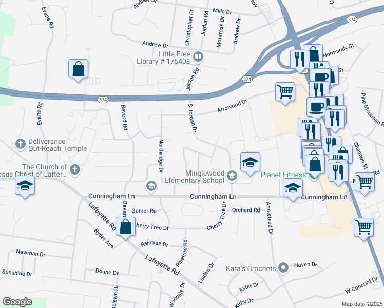 map of restaurants, bars, coffee shops, grocery stores, and more near 351 Peabody Drive in Clarksville