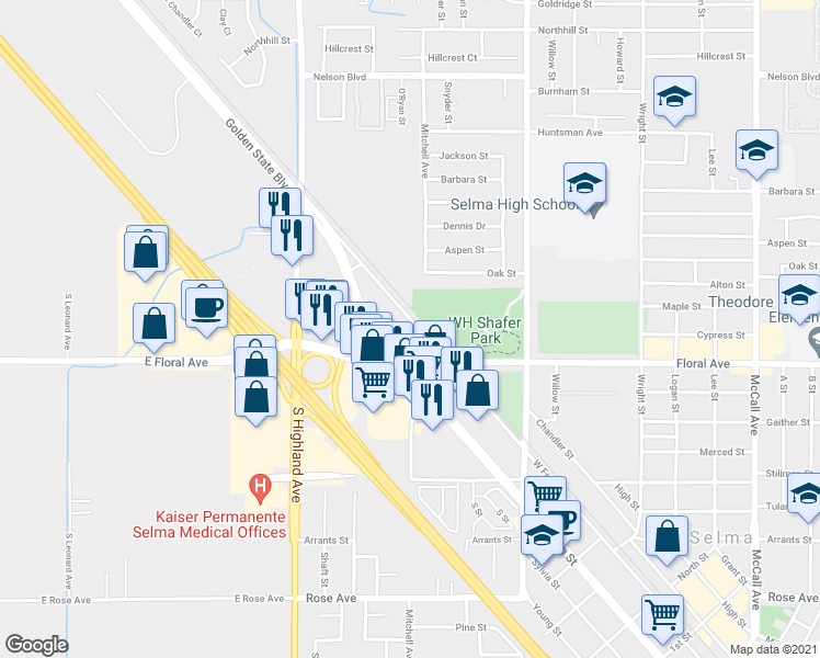 map of restaurants, bars, coffee shops, grocery stores, and more near 2955 West Front Street in Selma