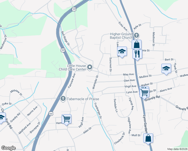map of restaurants, bars, coffee shops, grocery stores, and more near 409 Wilma St in Kingsport