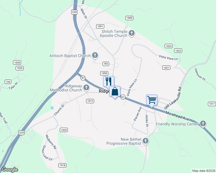 map of restaurants, bars, coffee shops, grocery stores, and more near 800 Main Street in Ridgeway