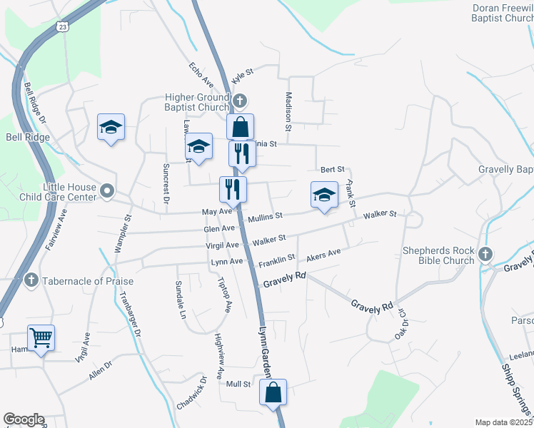 map of restaurants, bars, coffee shops, grocery stores, and more near 133 Mullins Street in Kingsport