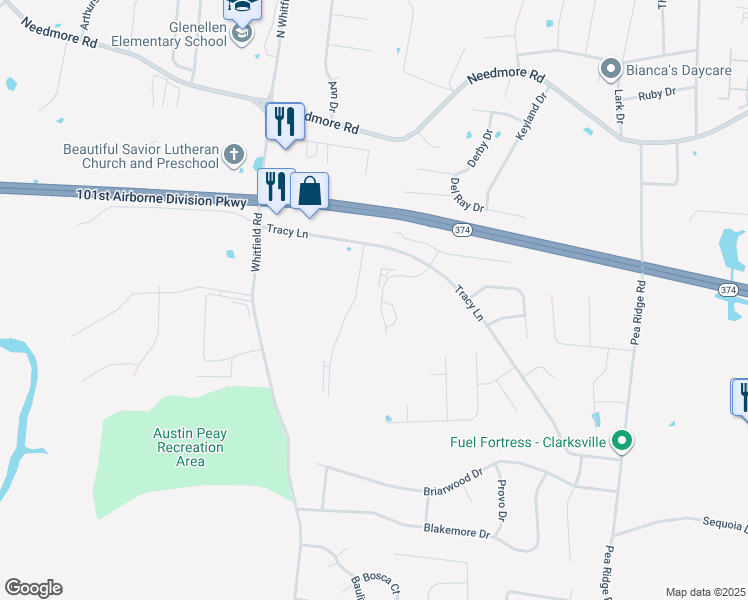 map of restaurants, bars, coffee shops, grocery stores, and more near 2268 McCormick Lane in Clarksville