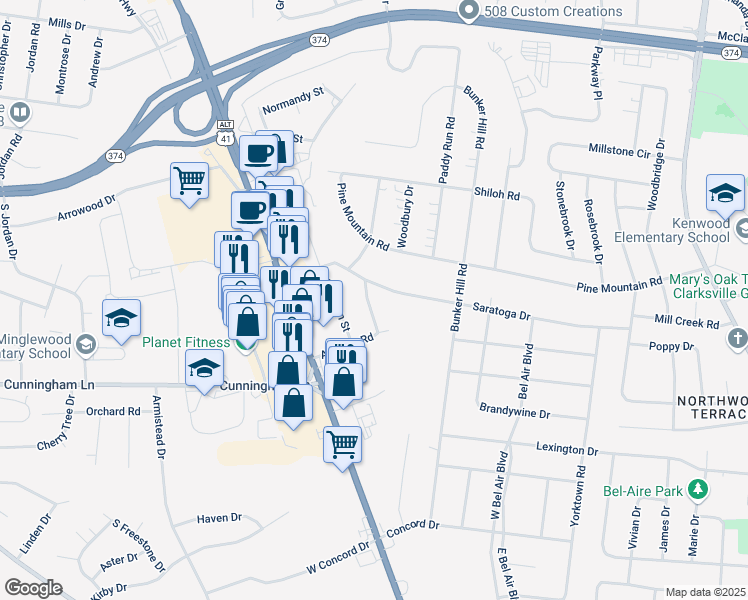 map of restaurants, bars, coffee shops, grocery stores, and more near 305 Shanee Terrace in Clarksville
