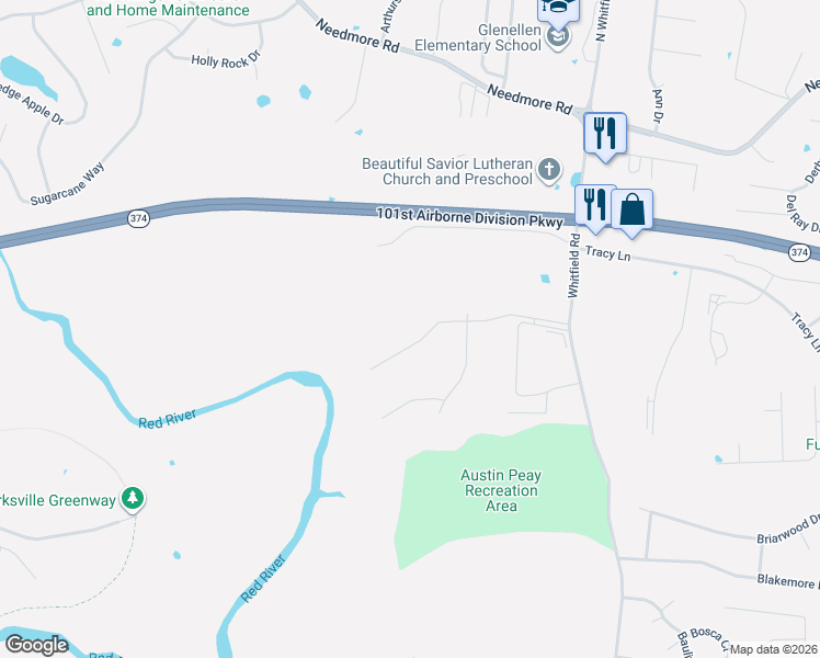map of restaurants, bars, coffee shops, grocery stores, and more near 2502 Whitfield Road in Clarksville