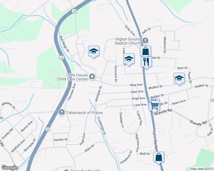 map of restaurants, bars, coffee shops, grocery stores, and more near 384 May Avenue in Kingsport