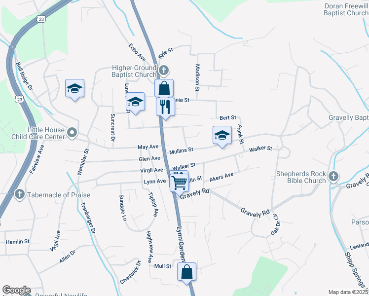 map of restaurants, bars, coffee shops, grocery stores, and more near 135 Mullins Street in Kingsport
