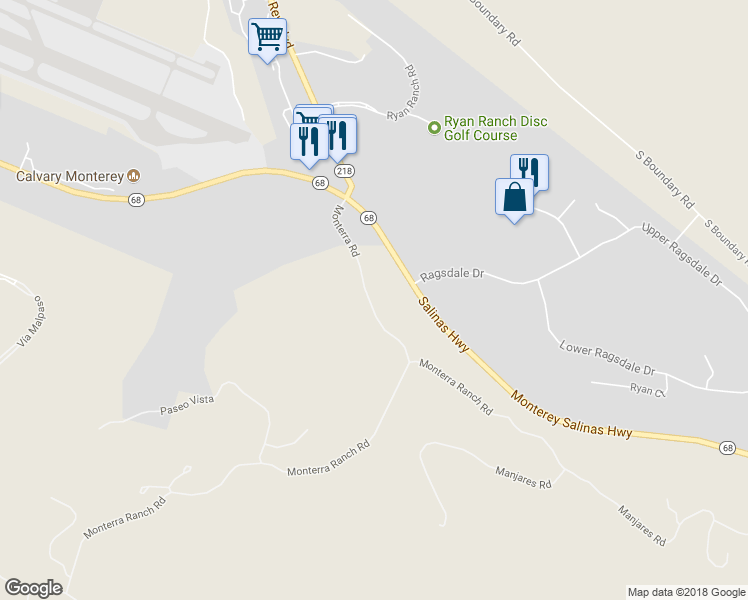 map of restaurants, bars, coffee shops, grocery stores, and more near 8015 Monterra Road in Monterey