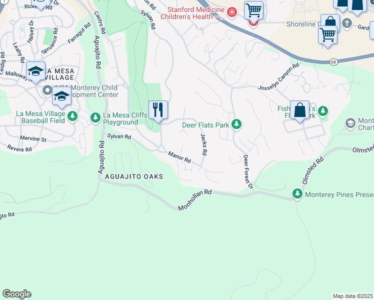map of restaurants, bars, coffee shops, grocery stores, and more near 1443 Manor Road in Monterey