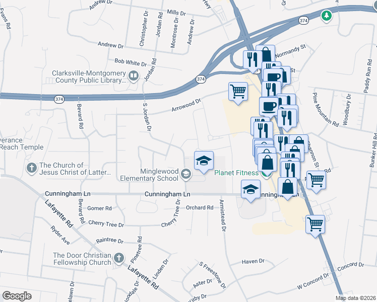 map of restaurants, bars, coffee shops, grocery stores, and more near 1629 S Jordan Dr in Clarksville