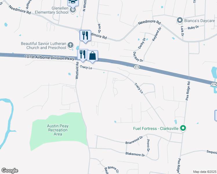 map of restaurants, bars, coffee shops, grocery stores, and more near 2272 McCormick Lane in Clarksville