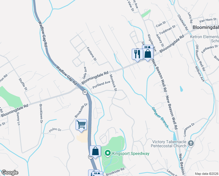 map of restaurants, bars, coffee shops, grocery stores, and more near 125 Morelock Street in Kingsport