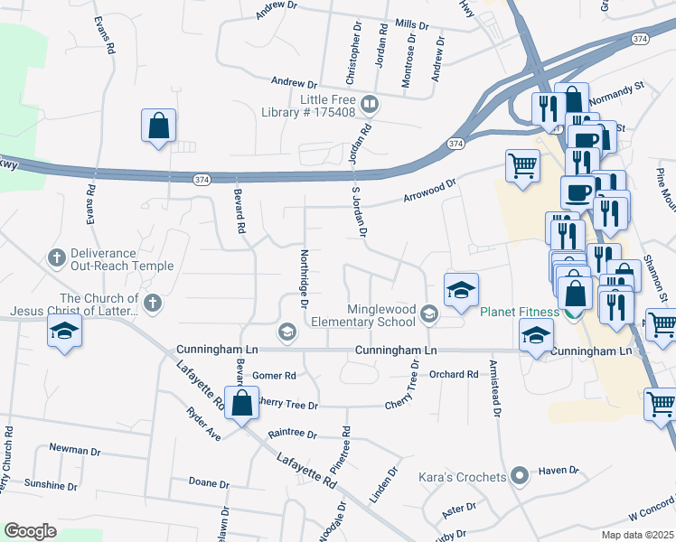 map of restaurants, bars, coffee shops, grocery stores, and more near 367 Peabody Drive in Clarksville