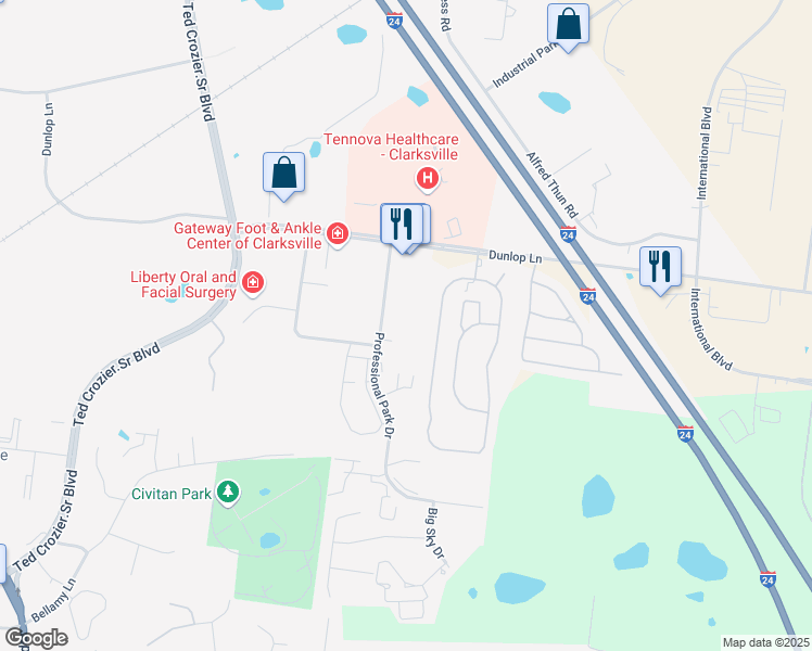 map of restaurants, bars, coffee shops, grocery stores, and more near 961 Professional Park Drive in Clarksville