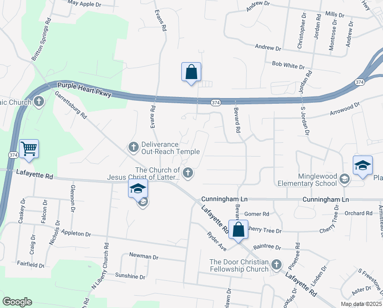 map of restaurants, bars, coffee shops, grocery stores, and more near 29 South Lancaster Road in Clarksville