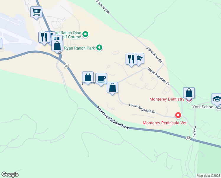 map of restaurants, bars, coffee shops, grocery stores, and more near 50 Ragsdale Drive in Monterey