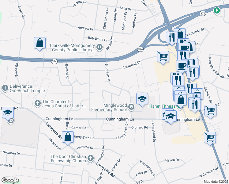 map of restaurants, bars, coffee shops, grocery stores, and more near 351 Peabody Drive in Clarksville