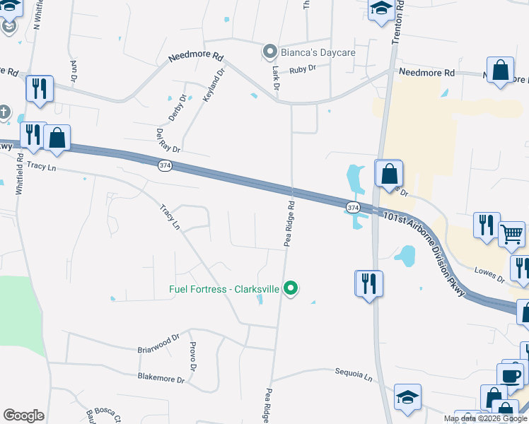 map of restaurants, bars, coffee shops, grocery stores, and more near 2598 Pea Ridge Road in Clarksville