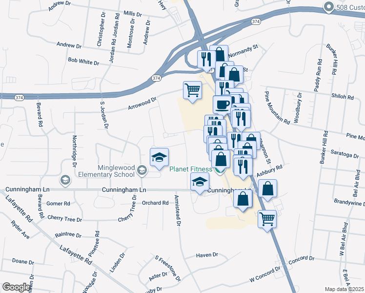 map of restaurants, bars, coffee shops, grocery stores, and more near 1650 Cunningham Lane in Clarksville