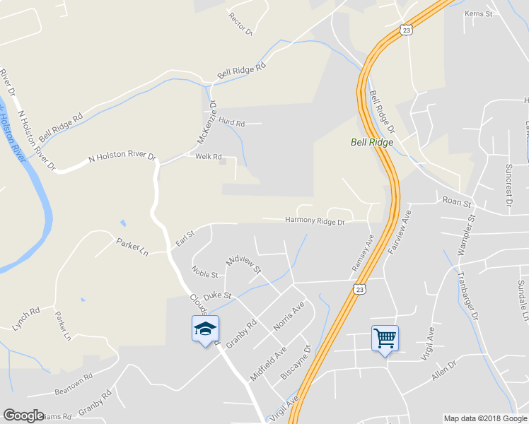 map of restaurants, bars, coffee shops, grocery stores, and more near 1471 Harmony Ridge Drive in Kingsport