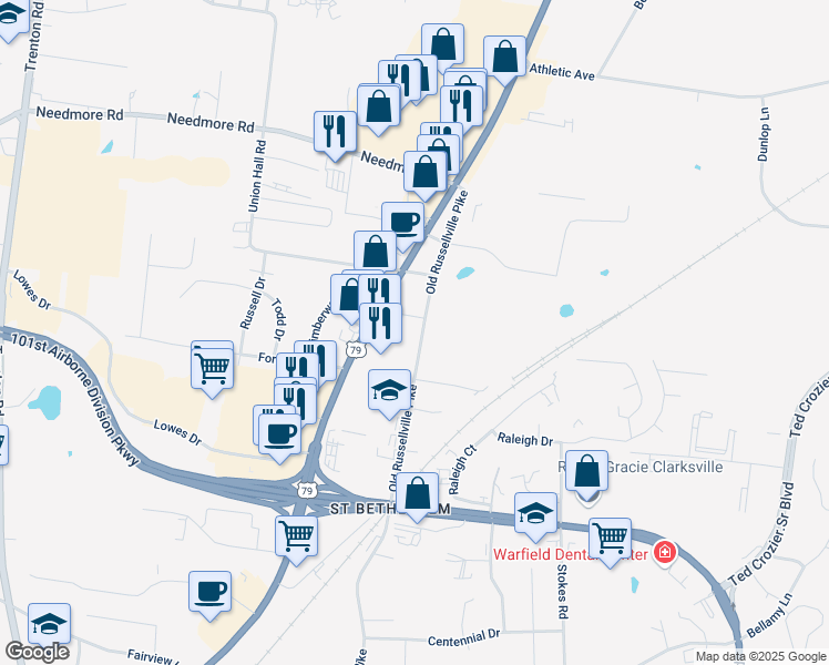 map of restaurants, bars, coffee shops, grocery stores, and more near 2550 Old Russellville Pike in Clarksville