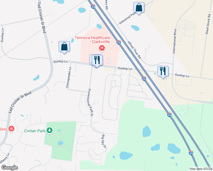 map of restaurants, bars, coffee shops, grocery stores, and more near 43 Lynnwood Circle in Clarksville
