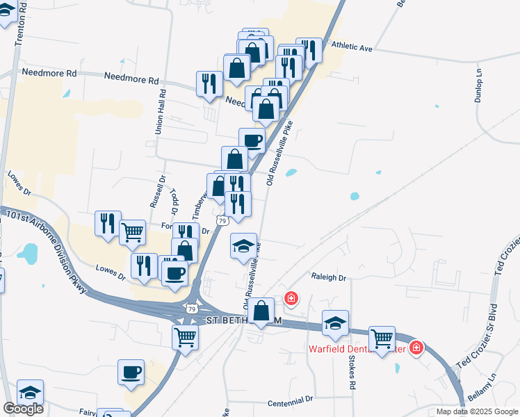 map of restaurants, bars, coffee shops, grocery stores, and more near 2550 Old Russellville Pike in Clarksville