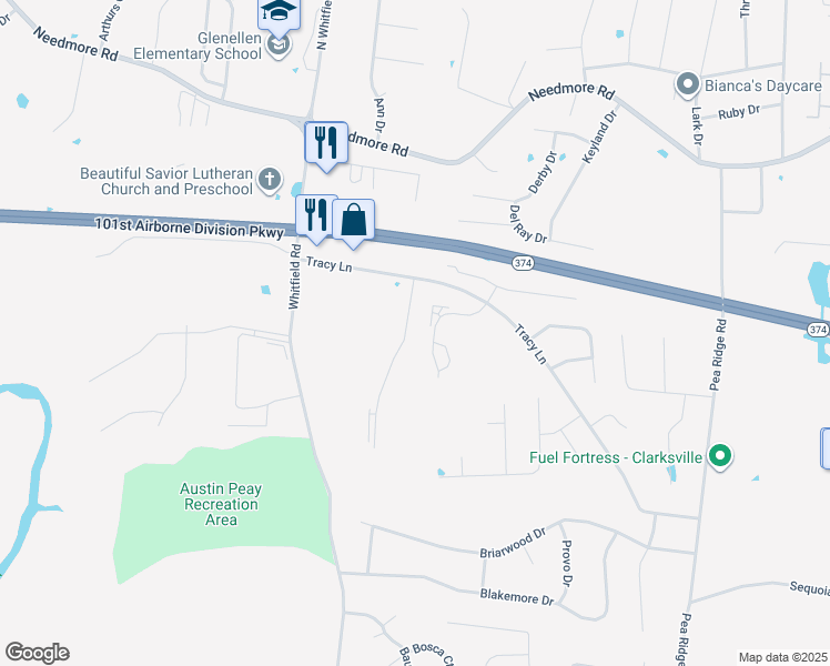 map of restaurants, bars, coffee shops, grocery stores, and more near 2272 McCormick Lane in Clarksville