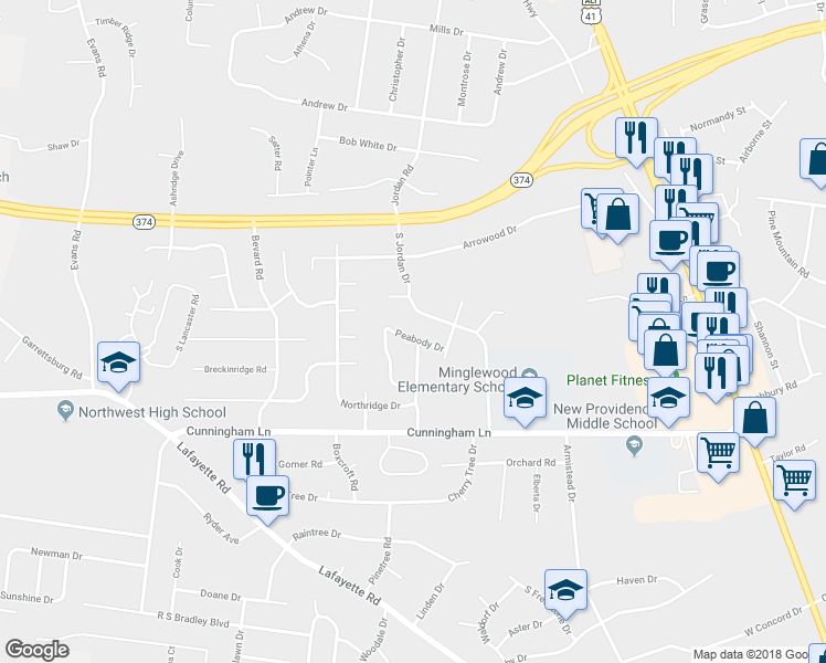 map of restaurants, bars, coffee shops, grocery stores, and more near 351 Peabody Drive in Clarksville