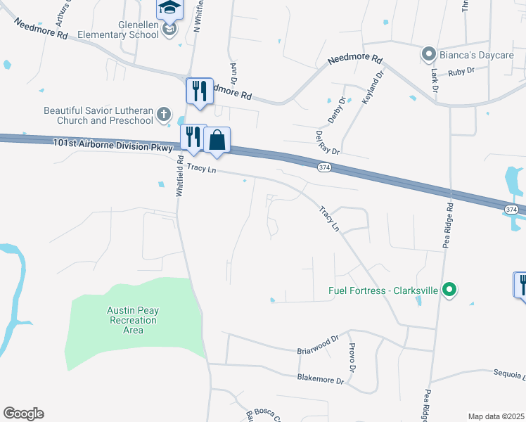 map of restaurants, bars, coffee shops, grocery stores, and more near 2272 McCormick Lane in Clarksville