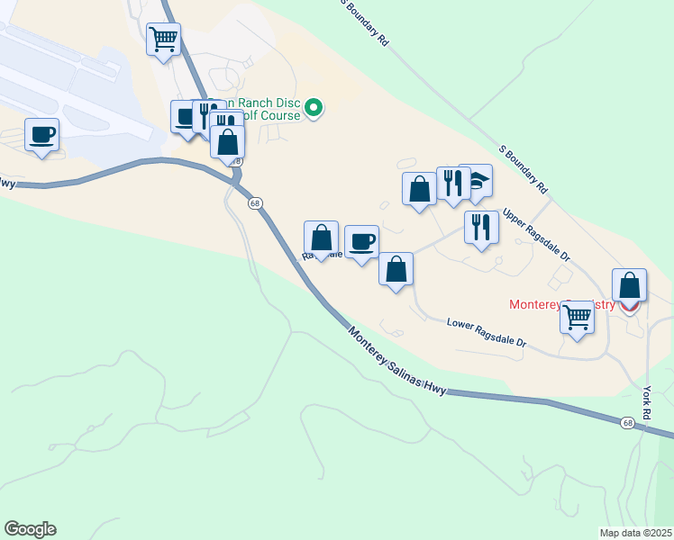 map of restaurants, bars, coffee shops, grocery stores, and more near 30 Ragsdale Drive in Monterey